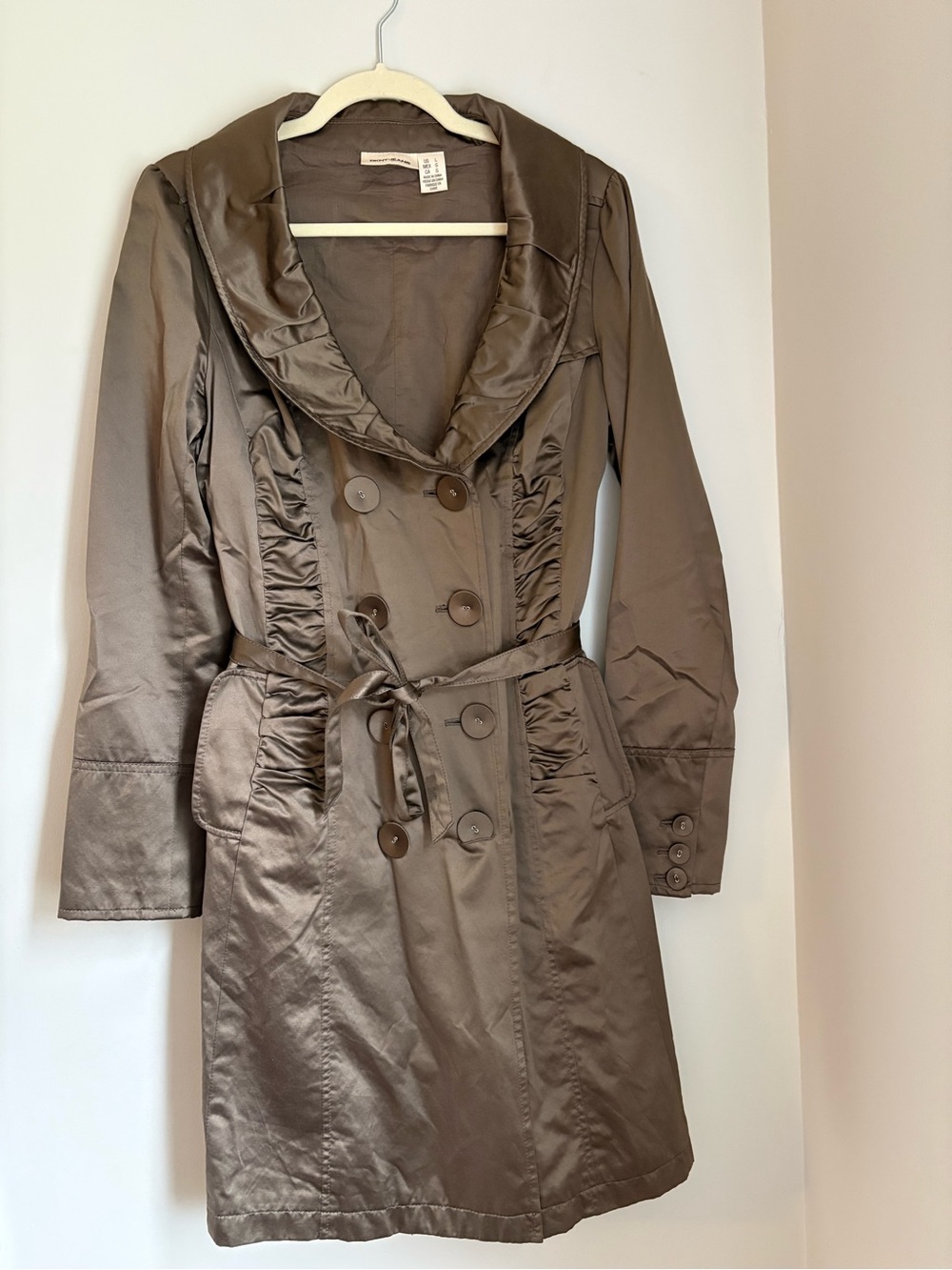 DKNY Brown Satin-Effect Double-Breasted Trench Coat with Tie Waist